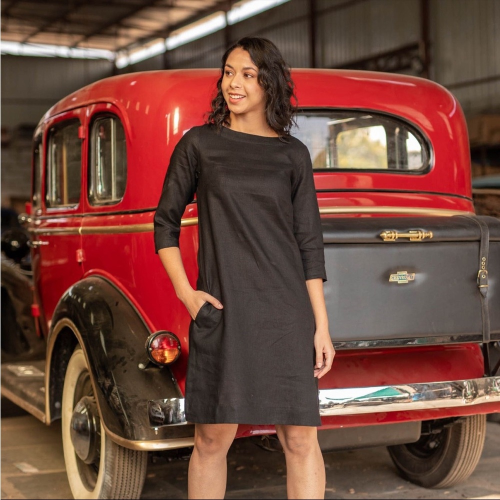 Navy Blue 100% Linen Dress